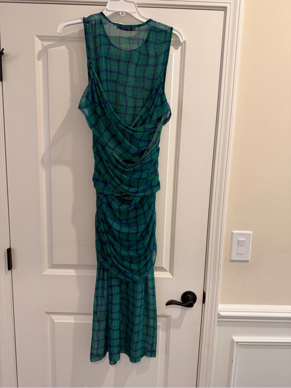 Simon Miller Kinny Ruched Plaid Mesh Midi Dress Anthropologie Green Blue- Size L - Picture 10 of 13